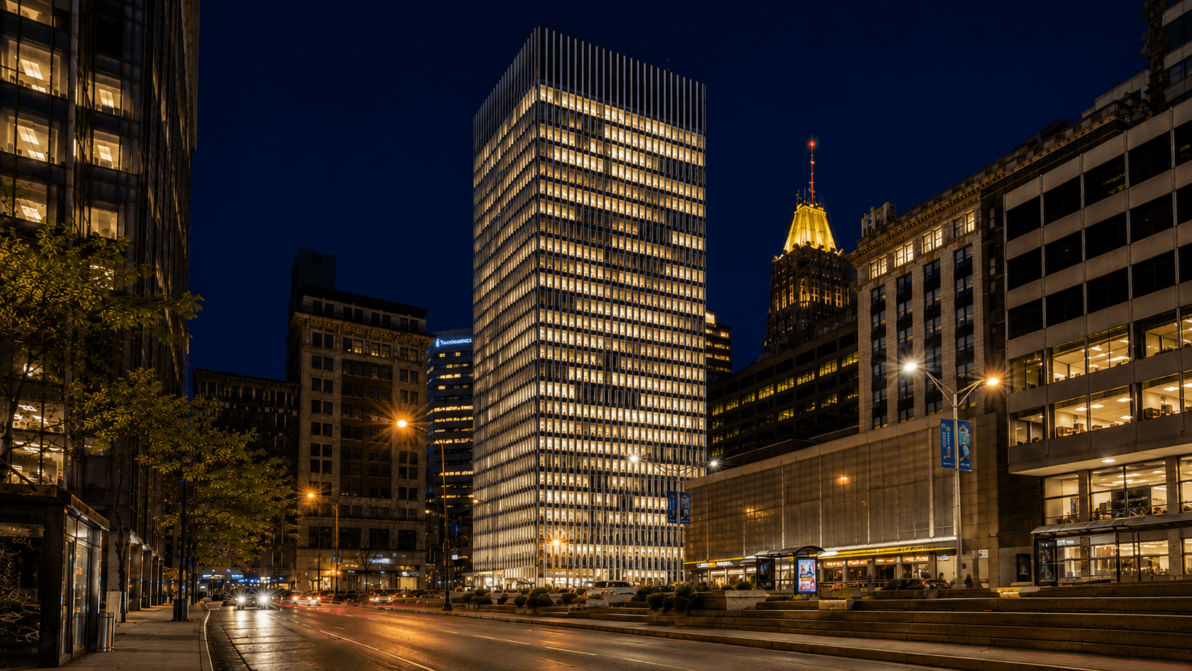 1 North Charles illuminated in downtown Baltimore at night